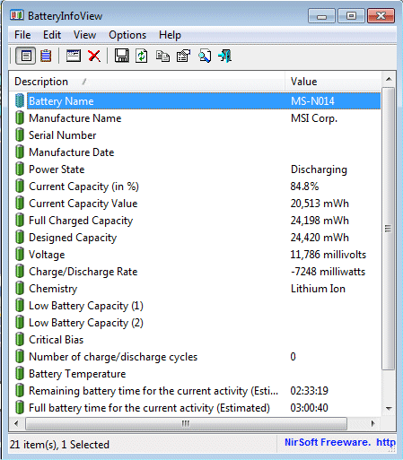 BatteryInfoView main window showing battery information properties