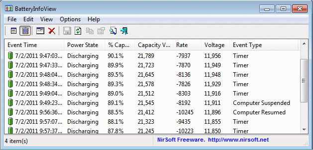 BatteryInfoView battery log view with timestamps and capacity data