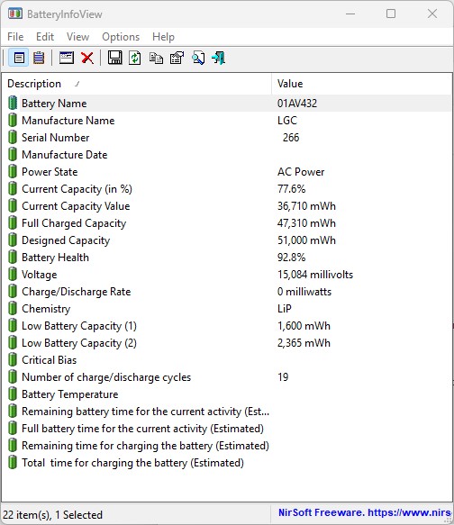 BatteryInfoView displaying detailed battery data on a ThinkPad laptop