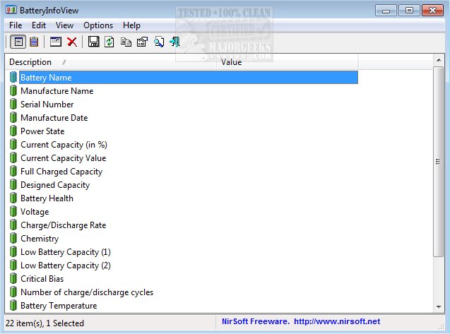 BatteryInfoView utility showing battery health and charge information